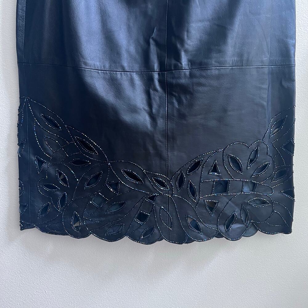 Women's Black Genuine Leather Cut Out Beaded Knee-Length Pencil Skirt Size Large - Picture 3 of 7